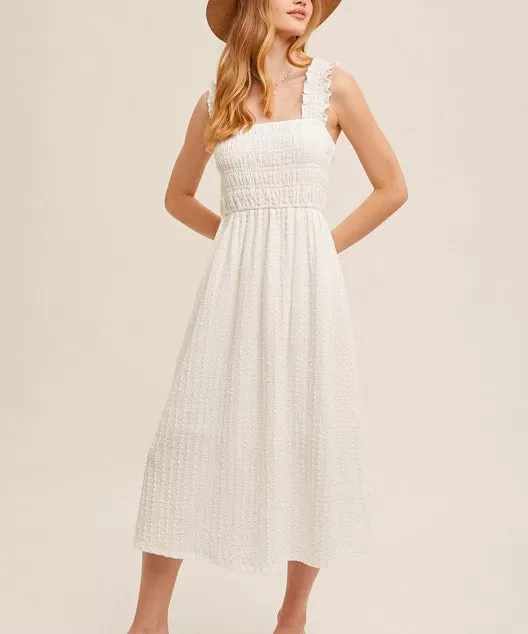 Ruffle Strap Smocked Midi Dress - Ecru