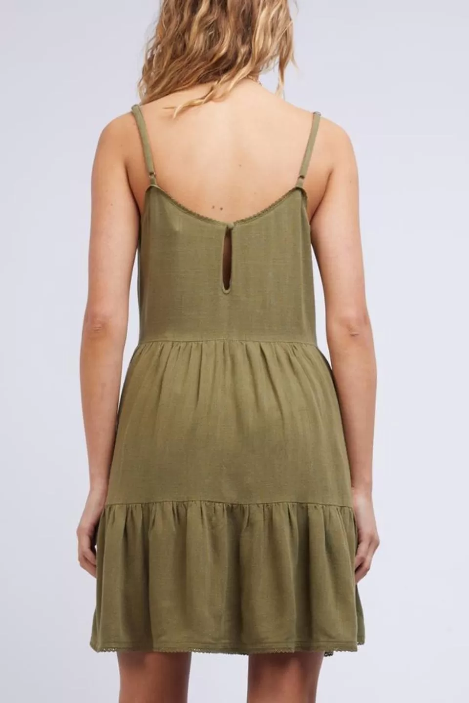 Savanna Washed Khaki Strappy Tiered Mini Dress