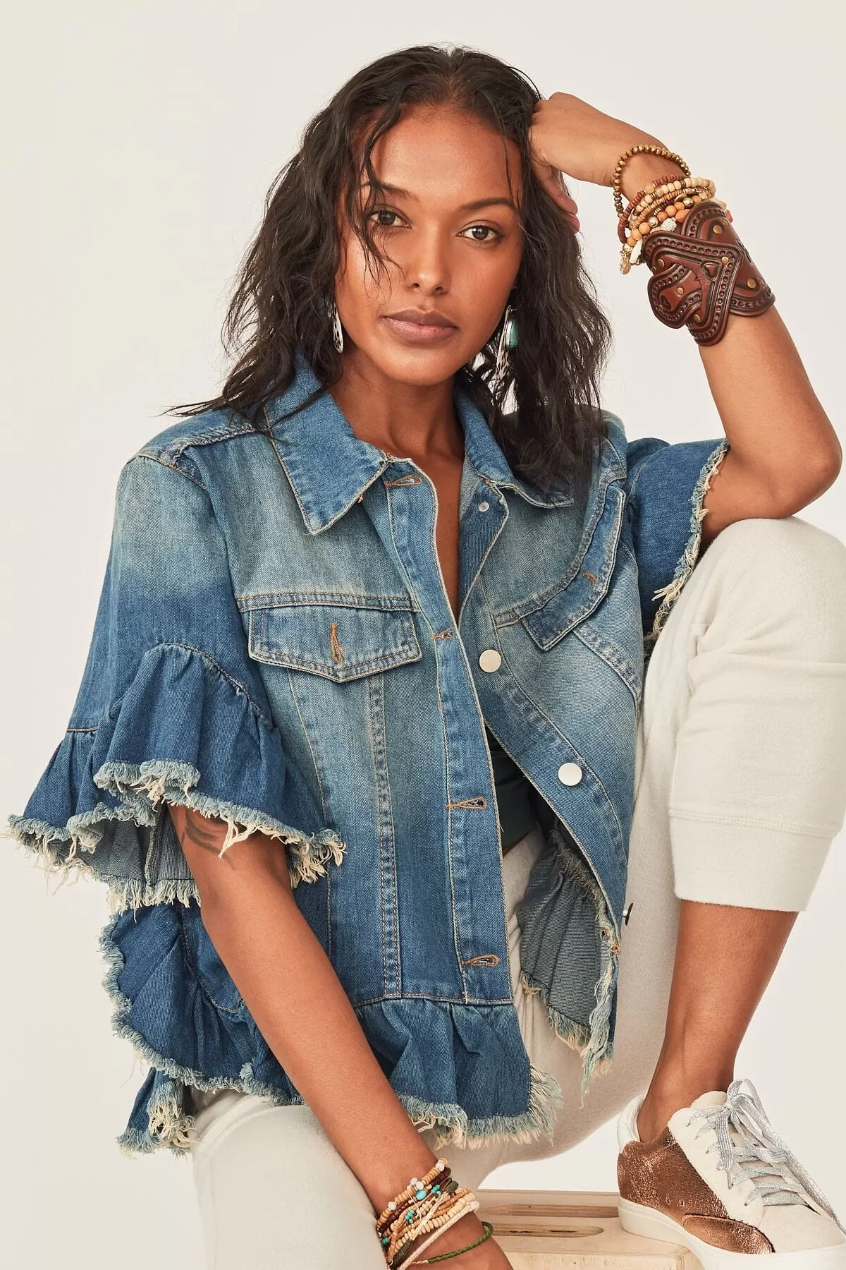 Scottie Ruffle Denim Jacket - Blue