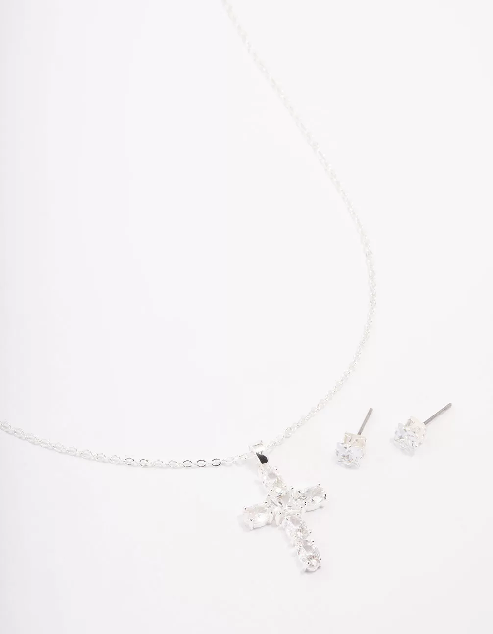 Silver Plated Cubic Zirconia Square Cross Pendant Necklace & Stud Earring Set