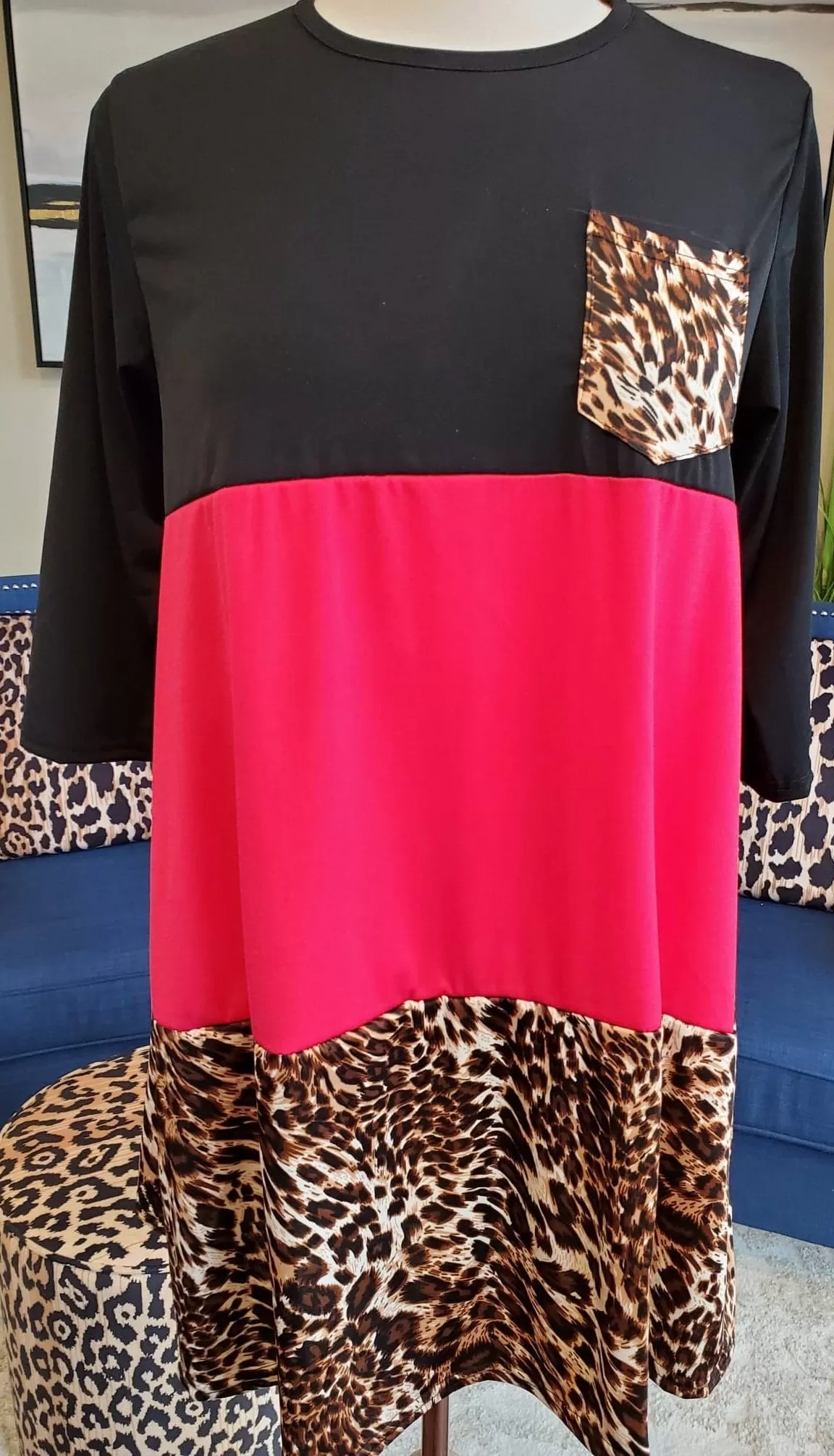 S/M Black, Pink, & Leopard Color Block Flutter Top