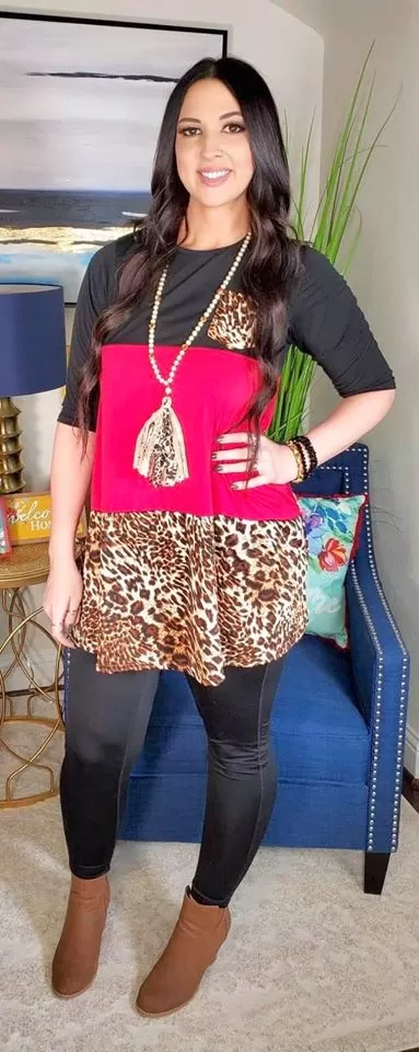 S/M Black, Pink, & Leopard Color Block Flutter Top