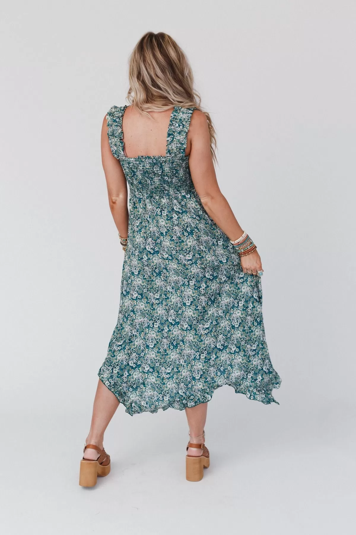 Smitten Smocked Ruffle Maxi Dress - Green