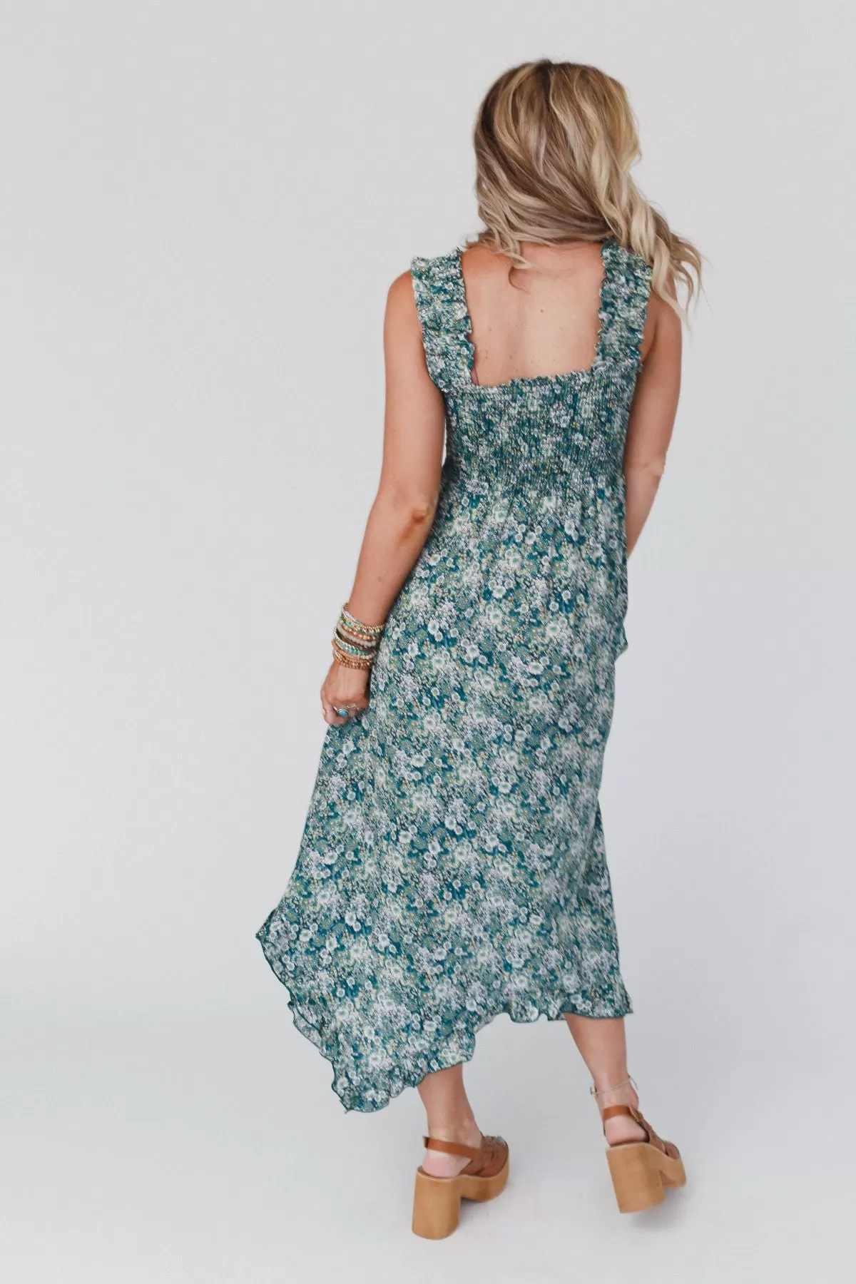 Smitten Smocked Ruffle Maxi Dress - Green