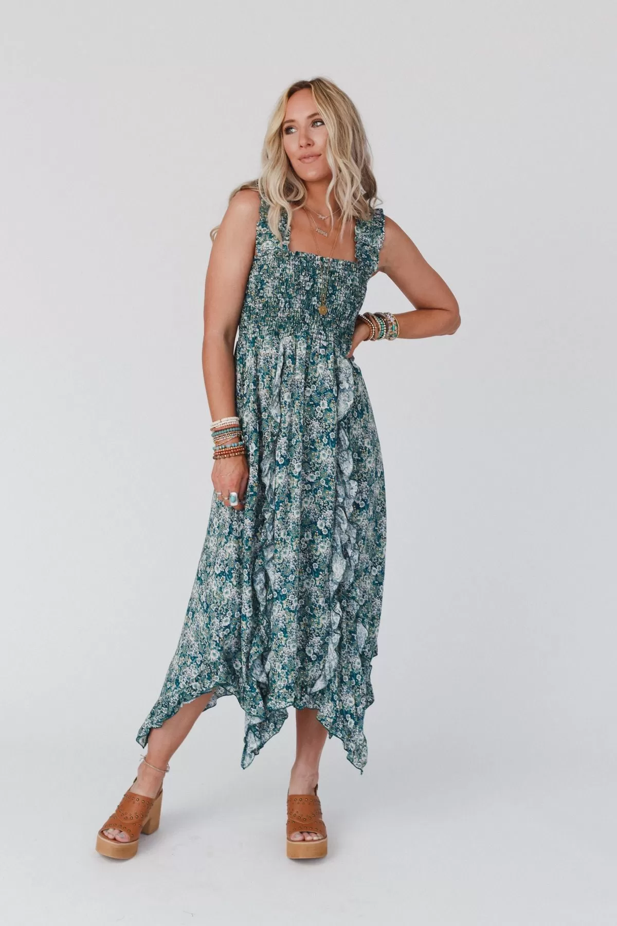 Smitten Smocked Ruffle Maxi Dress - Green