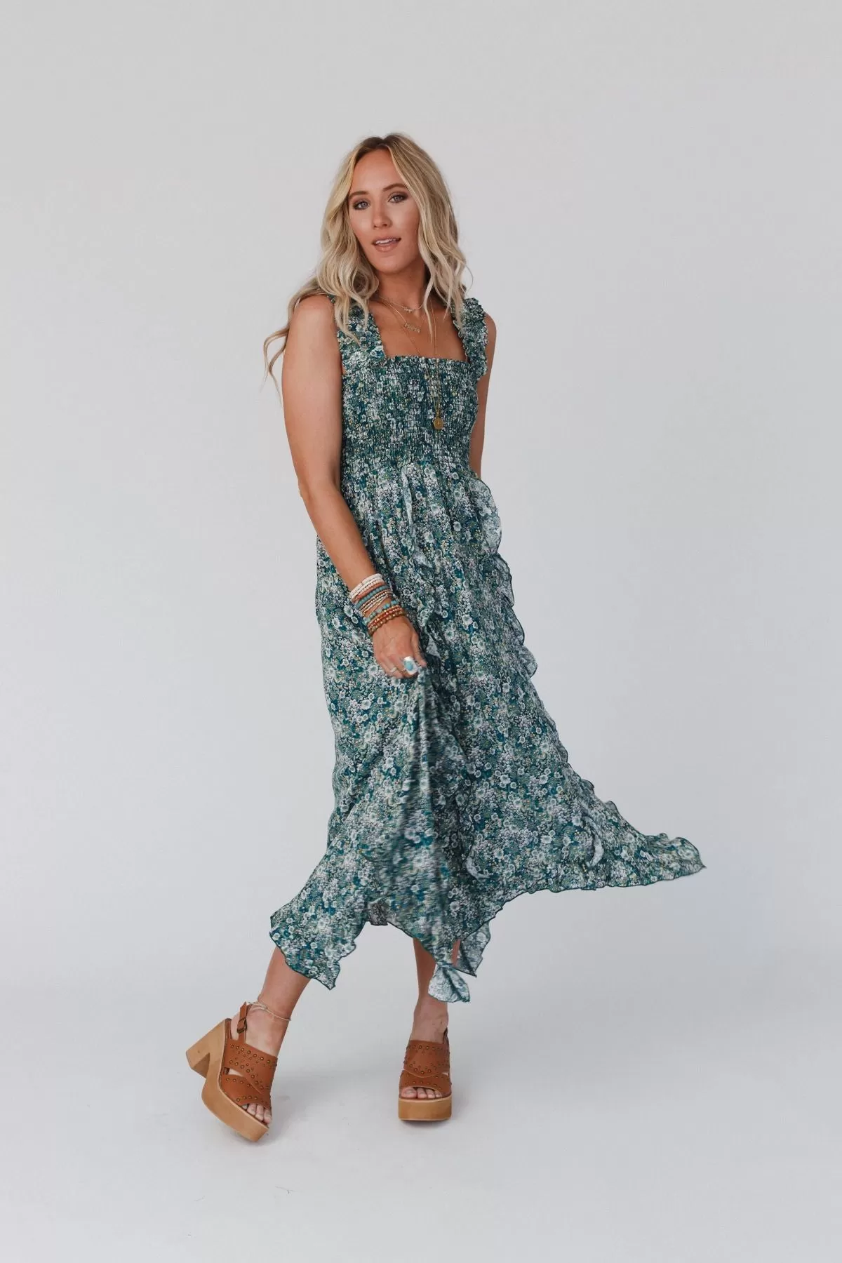 Smitten Smocked Ruffle Maxi Dress - Green