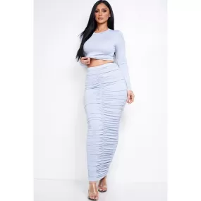 Solid Heavy Rayon Spandex Long Sleeve Cropped Top And Ruched Maxi Skirt Two Piece Set