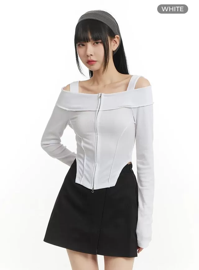 Solid Zipper Detail Off Shoulder Long Sleeve IM406