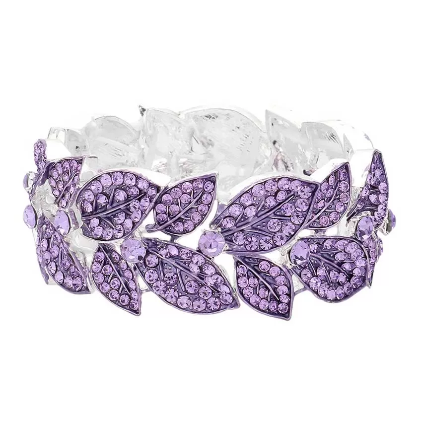 Stone Paved Leaf Linked Stretch Evening Bracelet