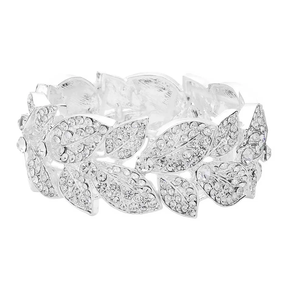 Stone Paved Leaf Linked Stretch Evening Bracelet