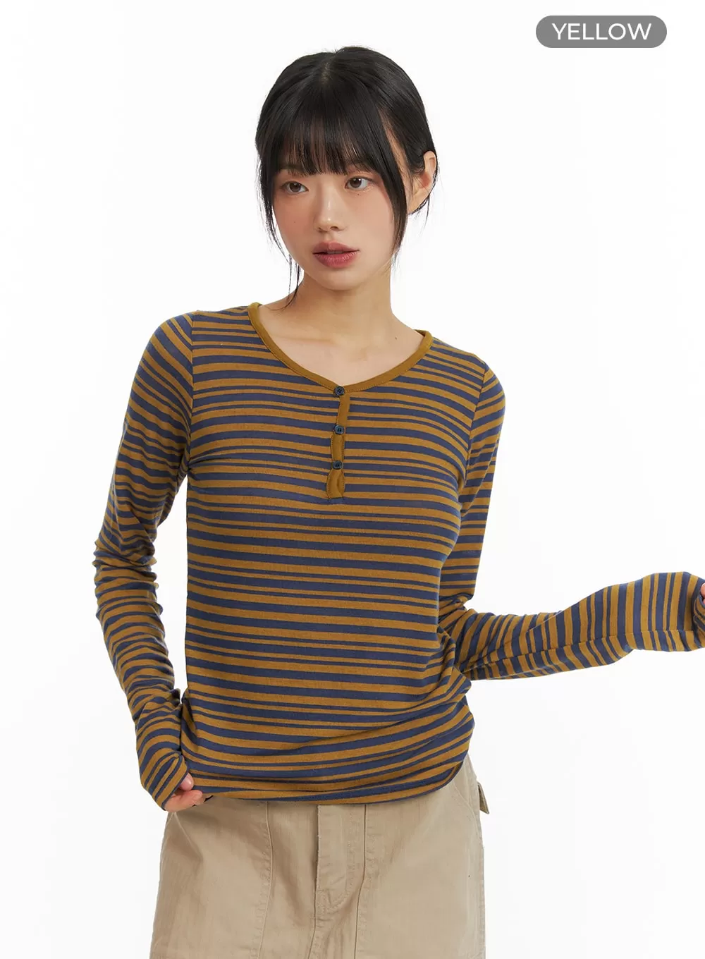 Stripe Buttoned V-Neck Long Sleeve CM413