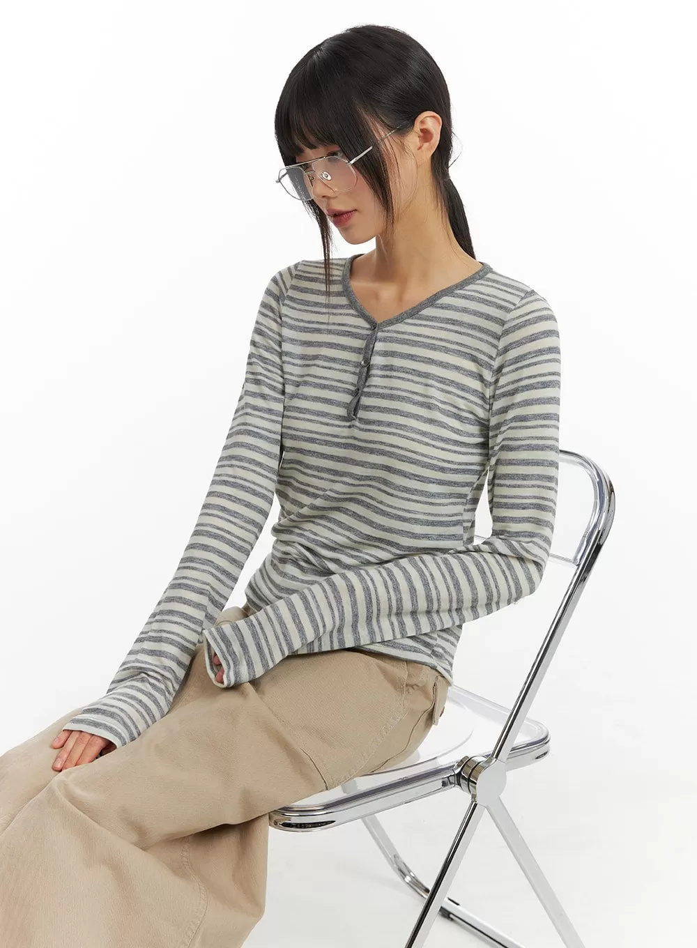 Stripe Buttoned V-Neck Long Sleeve CM413