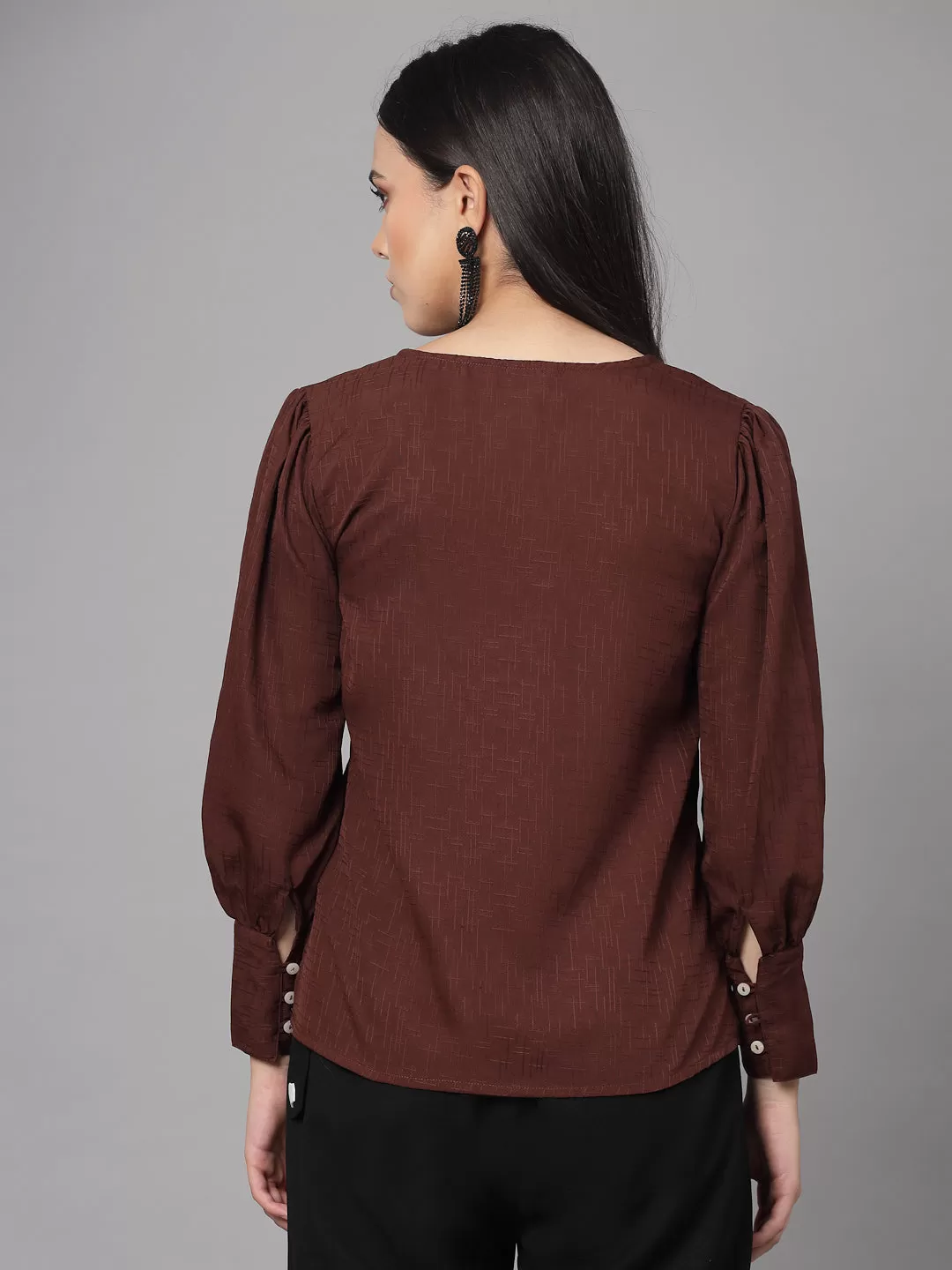 Style Quotient Women Brown Self Design Polyester Regular Smart Casual Top