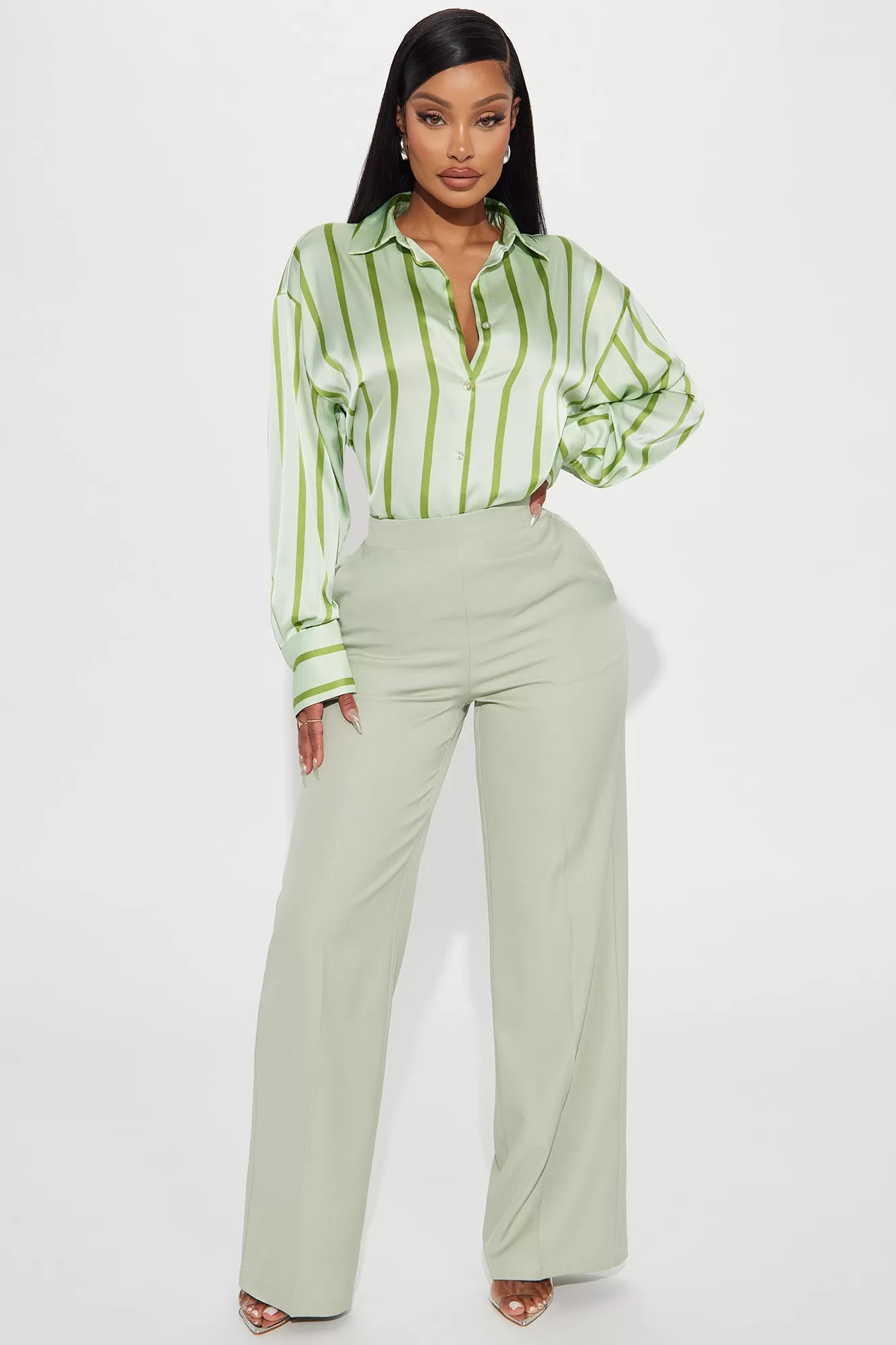 Taking It In Wide Leg Trouser - Sage