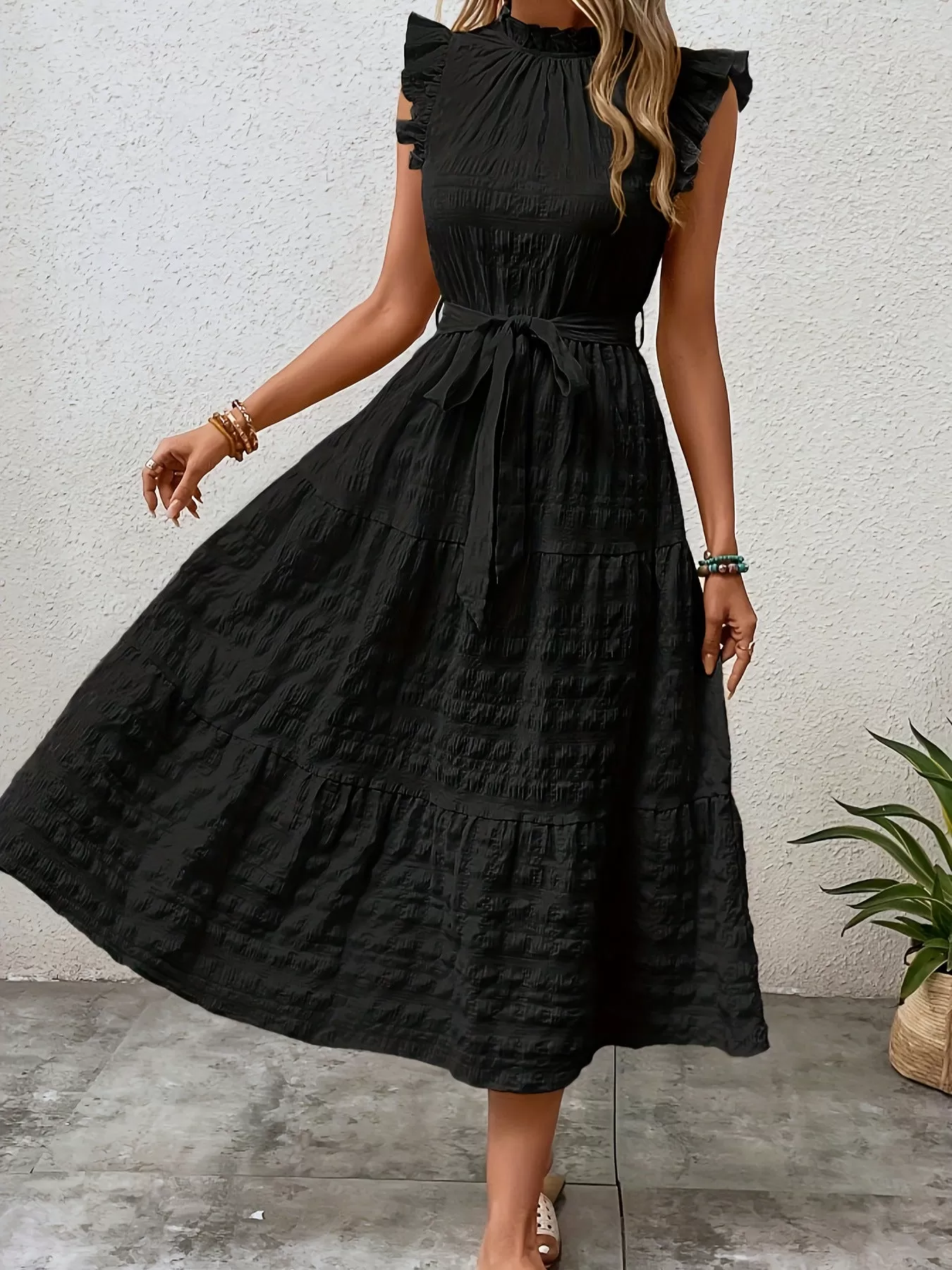 Tied Ruffled Cap Sleeve Midi Dress