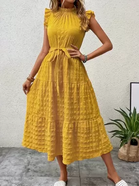 Tied Ruffled Cap Sleeve Midi Dress