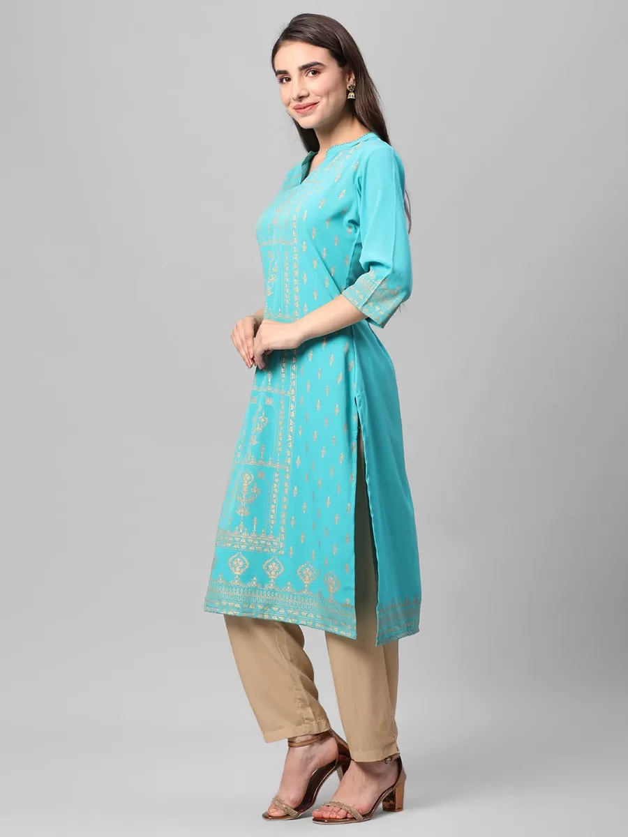 Turquoise Ornamental Printed Kurta