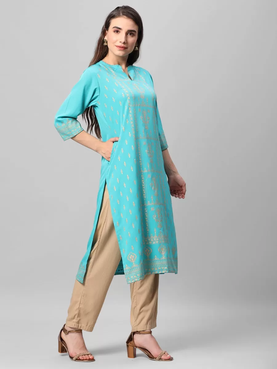 Turquoise Ornamental Printed Kurta