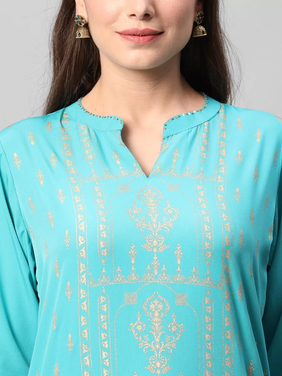 Turquoise Ornamental Printed Kurta