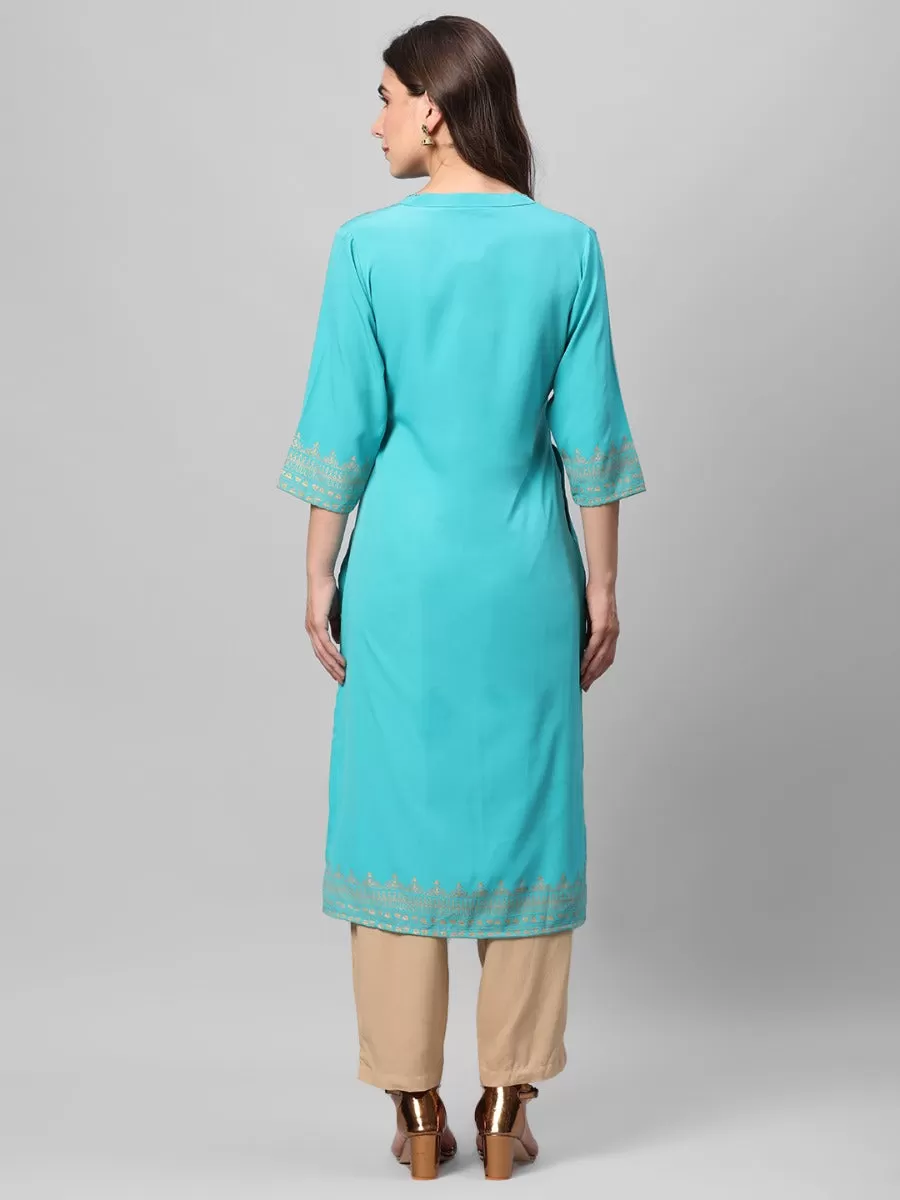 Turquoise Ornamental Printed Kurta