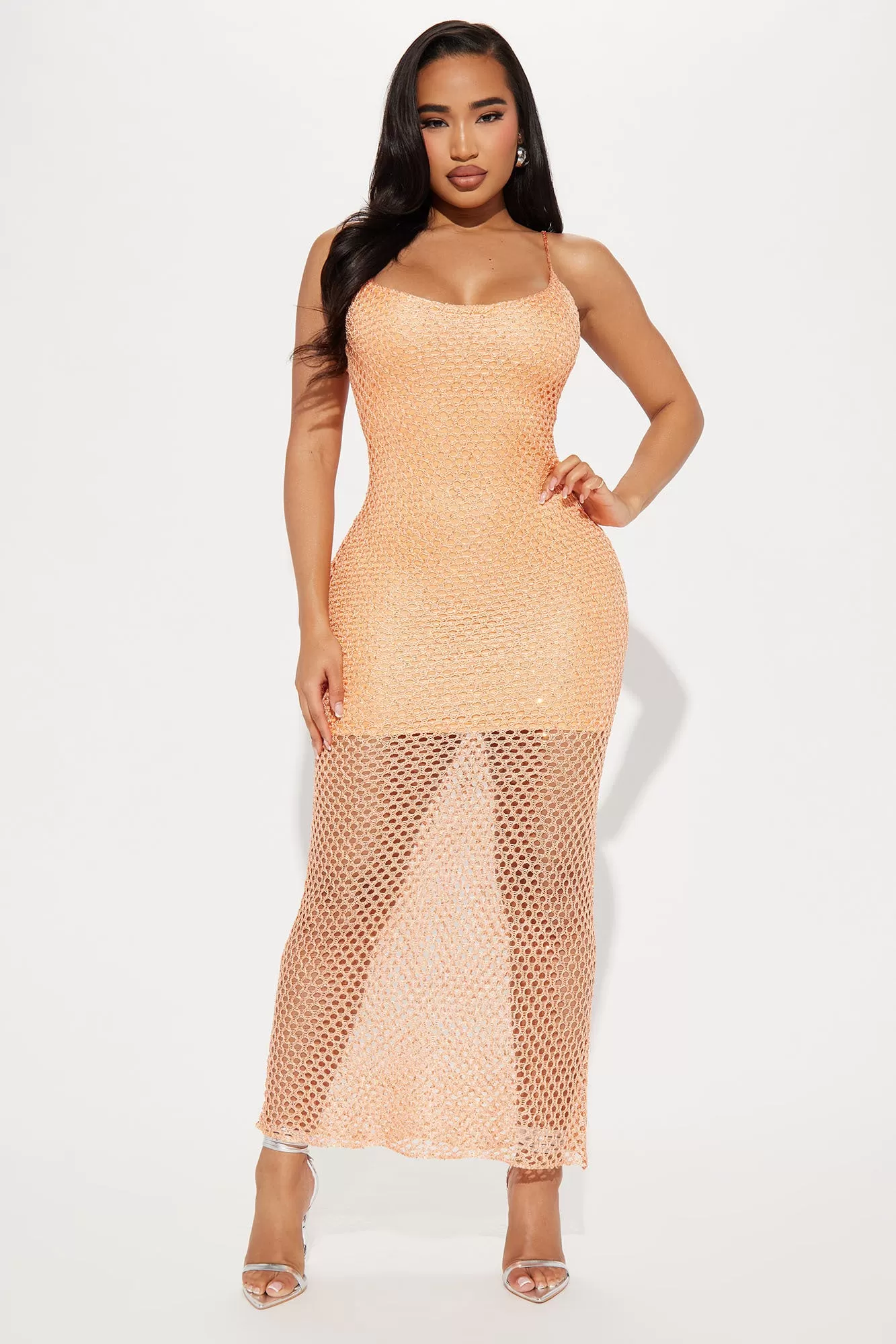 Vanessa Sequin Crochet Maxi Dress - Salmon