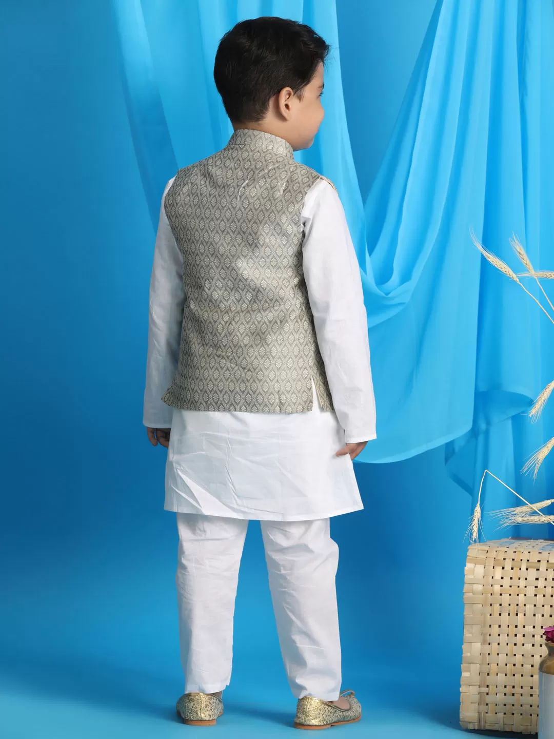 VASTRAMAY Boy's Beige Woven Jacket With White Kurta and Pyjama Set