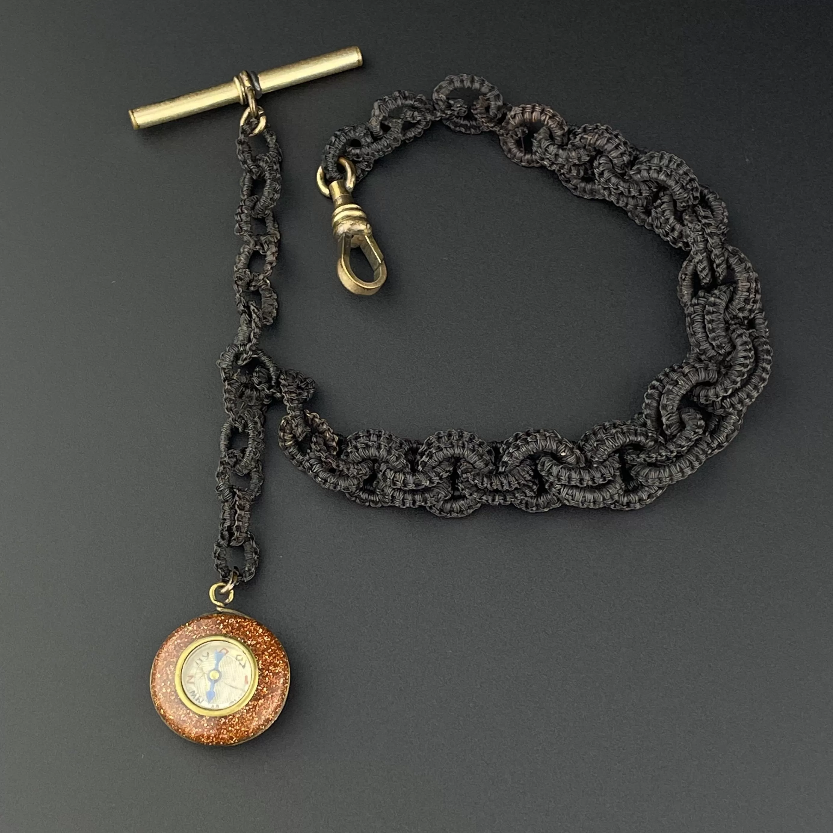 Victorian Horse Hair Working Goldstone Compass Fob Watch Chain