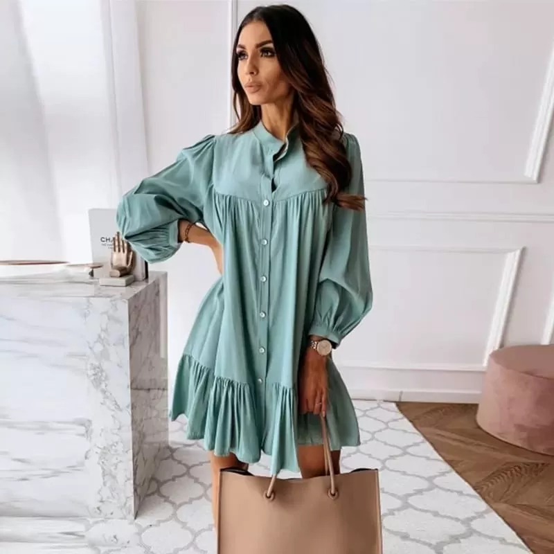 Vintage Ruffled Front Button Long Sleeve Dress