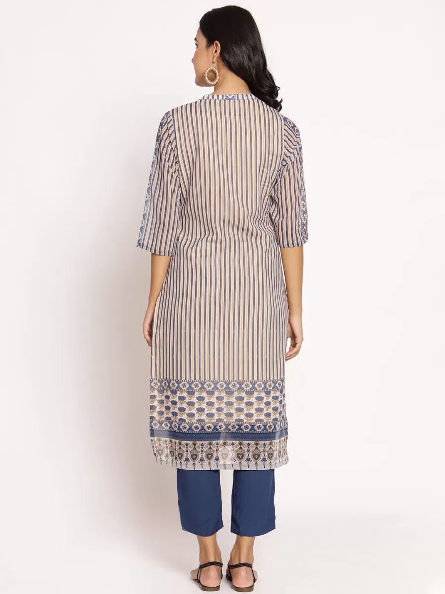 Women Beige Navy Stripe Printed Kurta