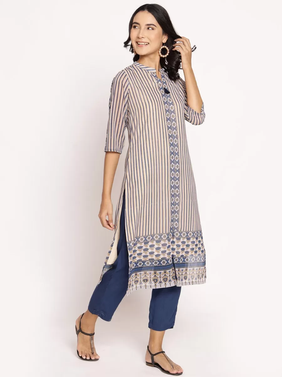 Women Beige Navy Stripe Printed Kurta