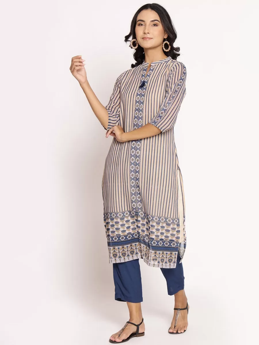 Women Beige Navy Stripe Printed Kurta