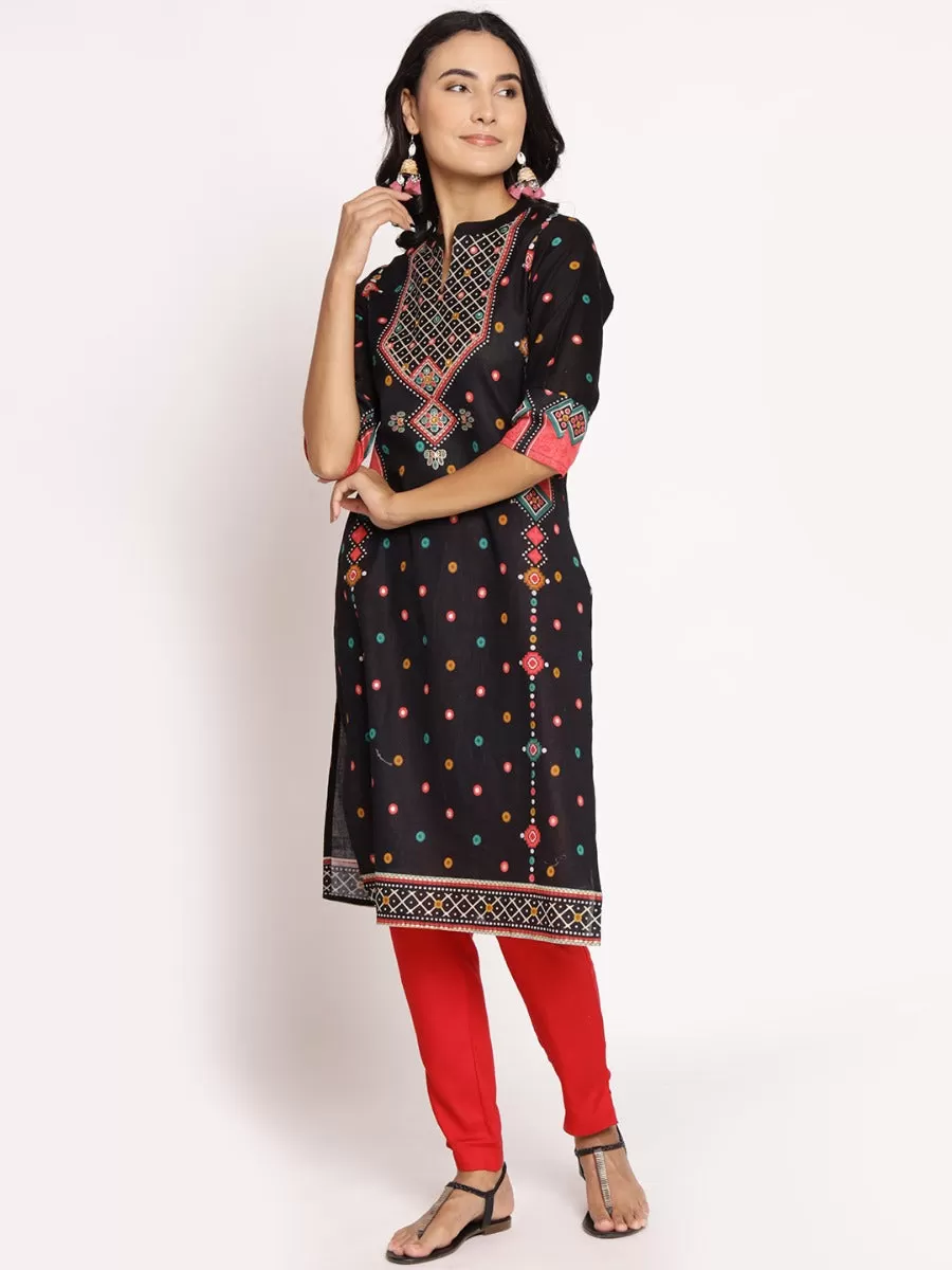 Women Black & Coral Geometrical Printed Kurta