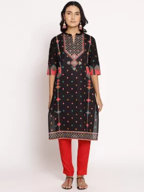 Women Black & Coral Geometrical Printed Kurta