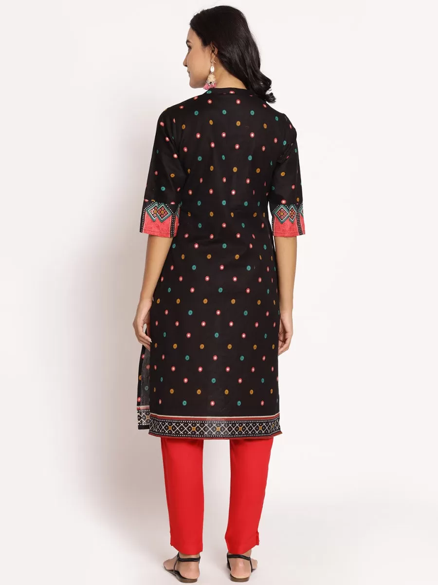 Women Black & Coral Geometrical Printed Kurta