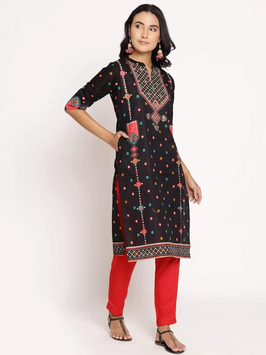 Women Black & Coral Geometrical Printed Kurta