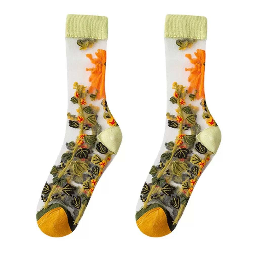 Women Ultra-Thin Cotton Sunflower Vine Flower Breathable Absorbent Tube Socks