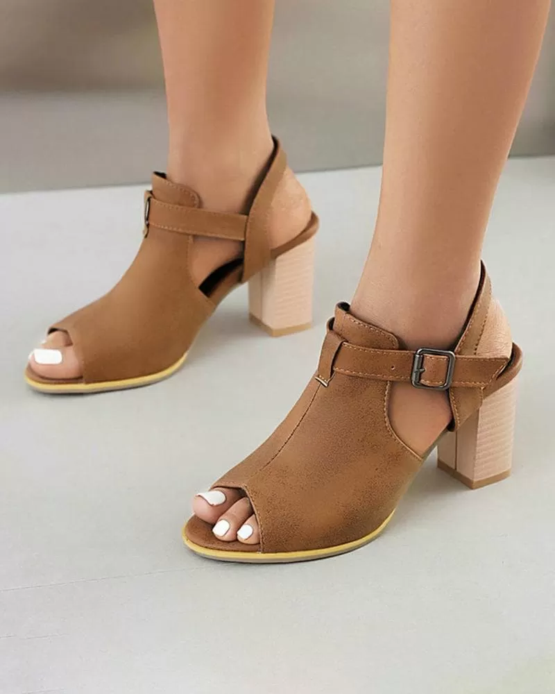 Women's Casual Peep Toe Adjusting Buckle Med Heel Sandals